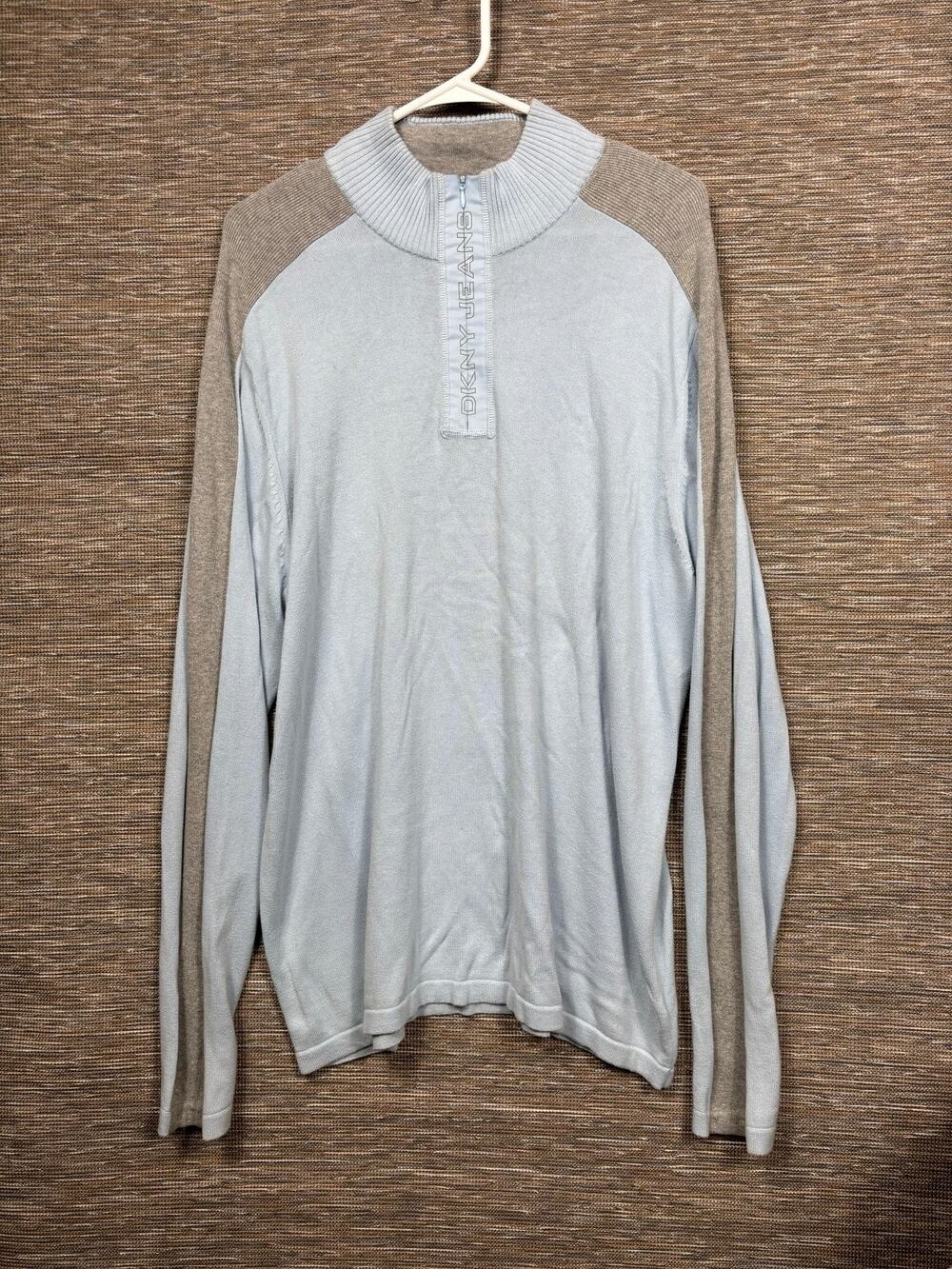 DKNY JEANS Sweater Mens XL Blue 1/4 Zip Mock Neck Cotton Knit Pullover Casual